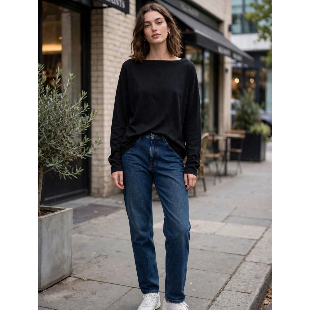AllSaints Rita Tee Black Boat Neck Oversized Long Sleeve Top WM020N Small